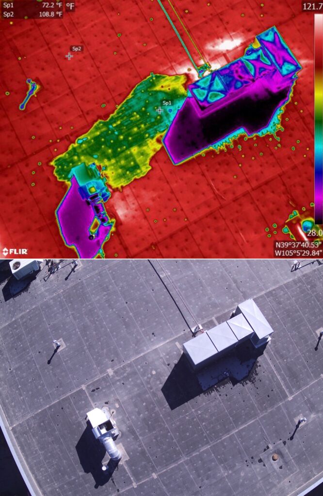 Side by side comparison of a FLIR thermal image and a naturall light image of a section of a commercial building's flat roof, shot by American Video Documentation.